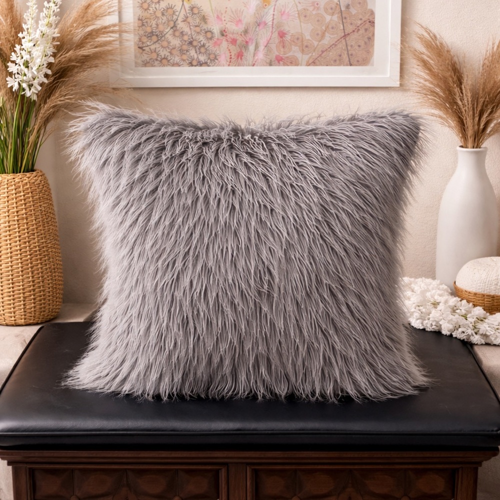 Modern Luxe Light Gray Faux Fur Pillow | High-End Textured Decor Accent